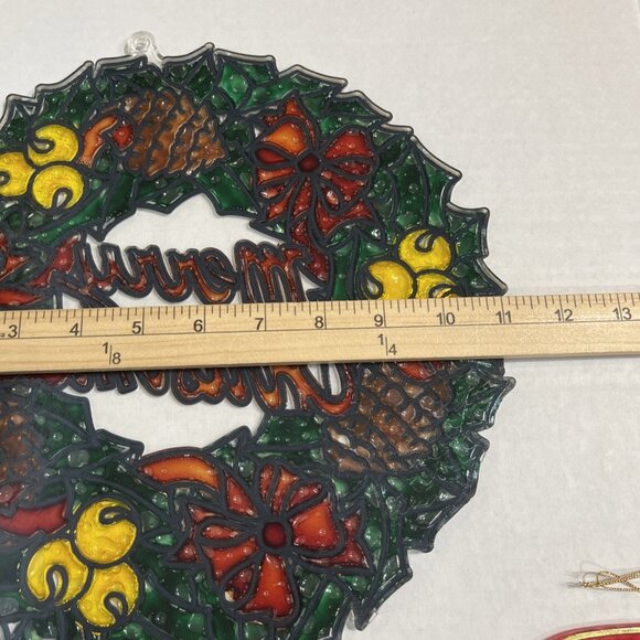 Vintage Christmas Stained Glass Plastic Window Decorations Set of 4 Wreath Bell - Picture 15 of 16